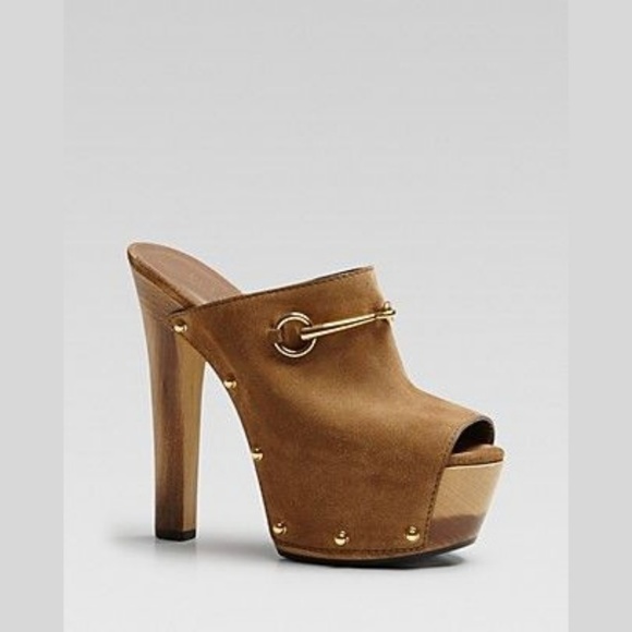 Gucci Shoes - Gucci Tess Suede Wooden Platform Clogs